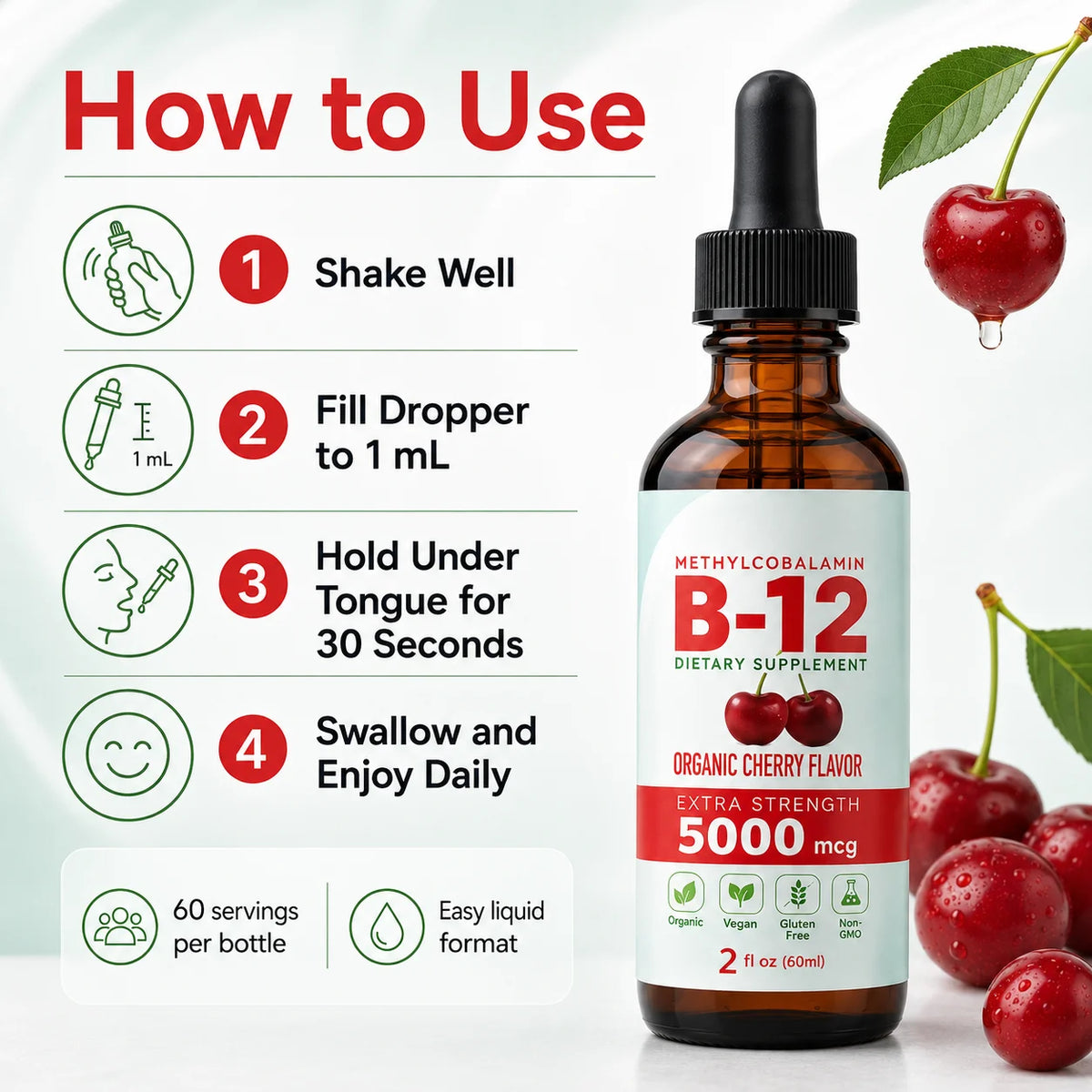 Liquid Vitamin B-12 Drops 5,000 mcg, Cherry