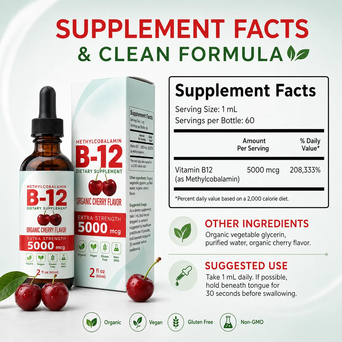 Liquid Vitamin B-12 Drops 5,000 mcg, Cherry