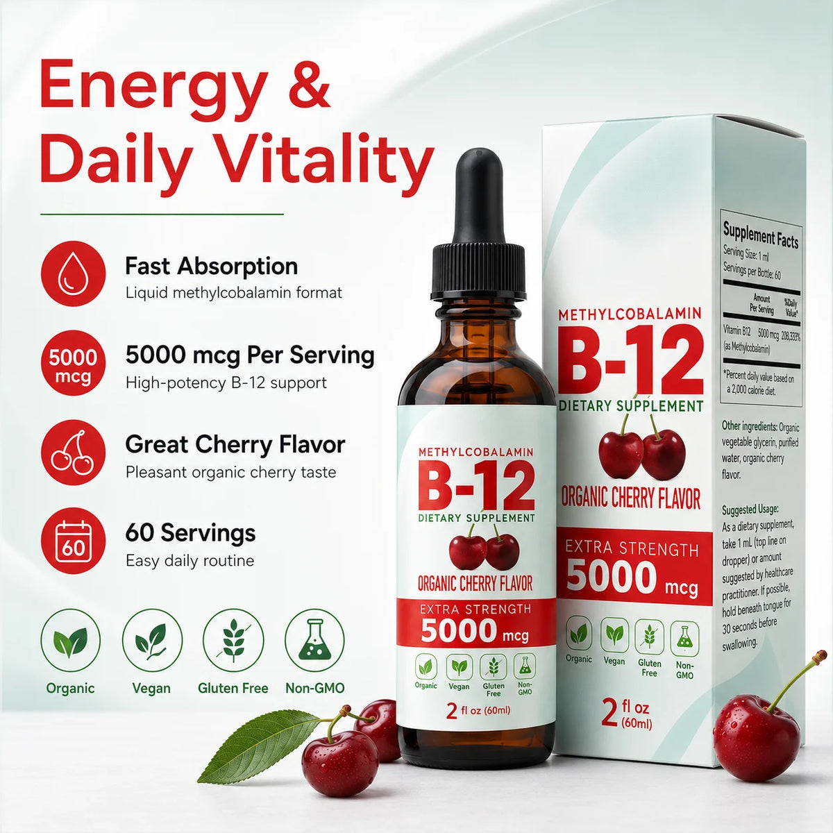 Liquid Vitamin B-12 Drops 5,000 mcg, Cherry