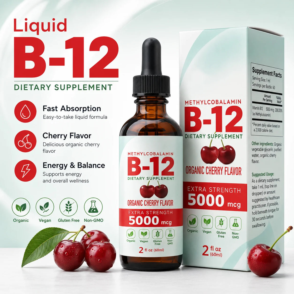 Liquid Vitamin B-12 Drops 5,000 mcg, Cherry